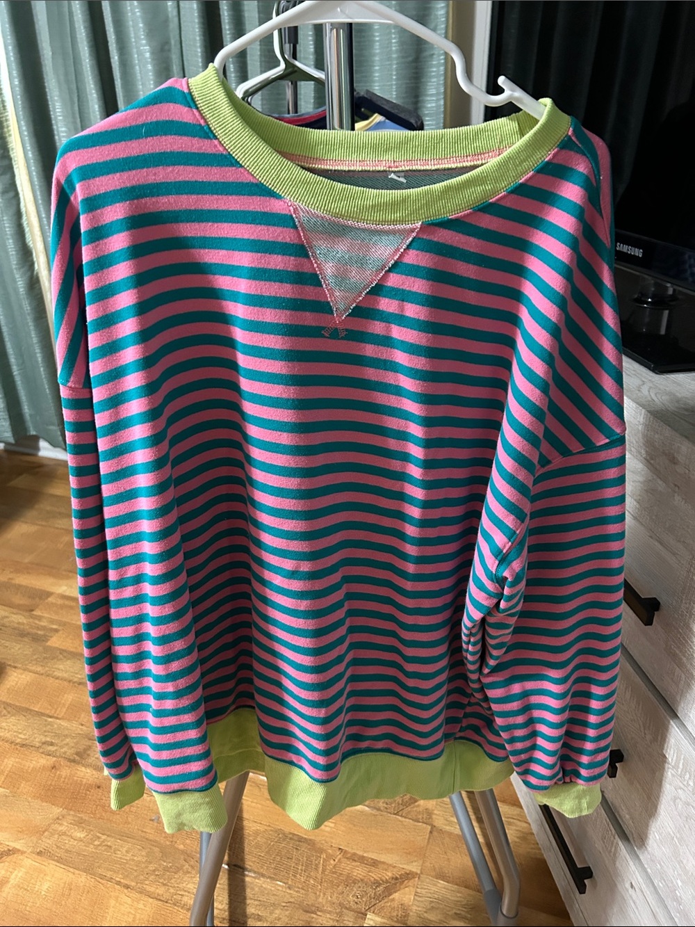 SHEIN Pink & Teal Striped Crewneck Sweatshirt with Lime Trim